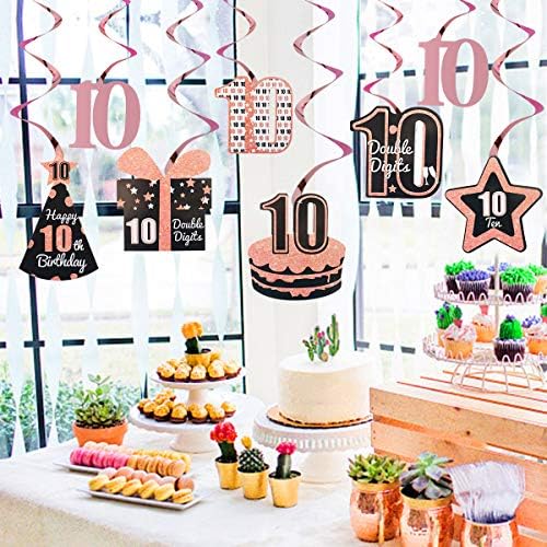 Одличен 10 -ти роденденски украси материјали за девојчиња, розово злато 8 парчиња виси вртења, среќна 10 -годишна роденденска торта, присутна starвездена забава декор, д