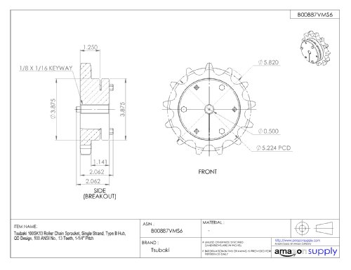 Tsubaki 100SK13 Sprocket на ролери, единечна влакно, потребна е двојна буква, 13 заби, 100 ANSI No., 1-1/4 терен