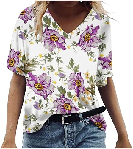Womenените кратки ракави против маички со вратот Акварел сликарство лотос лотос графичка кошула летен обичен трендовски пуловер