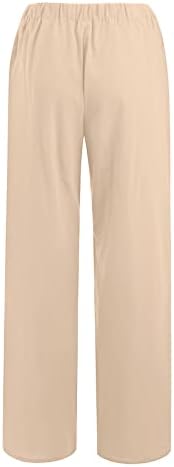 FQZWONG lенски еластични памучни постелнини со високи половини со џебови летни обични пријатни лабави пантацо панталони салон панталони