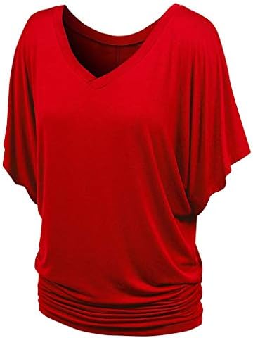 Женска маица со маица врвен краток ракав плус големина на горната блуза цврста боја обична тренингот лабава V-врат-врата на блузи блузи жени врвови