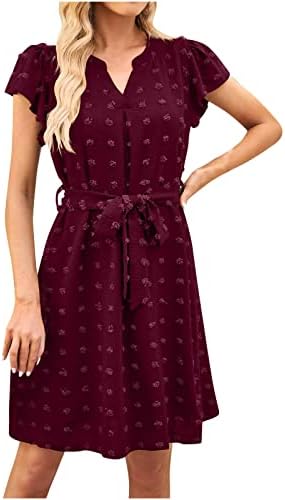 Lmdudan 2023 Фустан за жени лето лето -обичен ракав за вратот кратки фустани мода џакард појас занишани фустани полите фустани