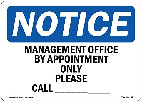 Знак за известување за ОСХА - Канцеларија на менаџерот само со закажана средба | Алуминиумски знак | Заштитете ја вашата деловна активност, работна страница, магаци?