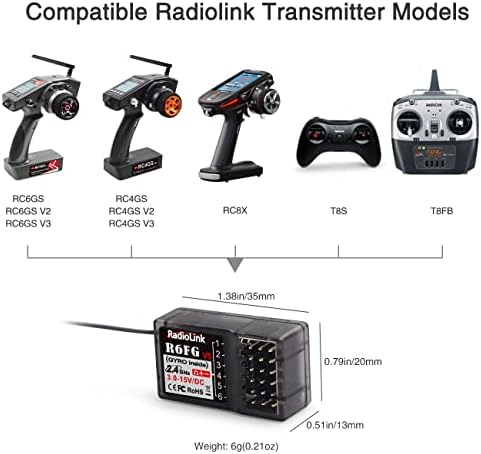 Осумнаесет и Radiolink R6FG 6 канали 2.4GHz приемник на површината работи со Radiolink далечински контролер RC4GS V3/RC4GS V2/RC4GS/RC6GS V3/RC6GS V2/RC6GS/RC8X за RC CAR & BOAT