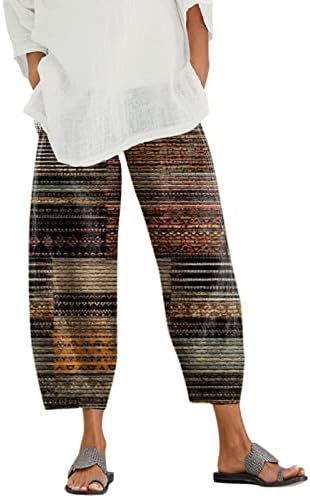 Панталони со широки нозе во Гуфесф, женски обични исечени памучни постелнина панталони панталони со глуждови со џебови со џебови