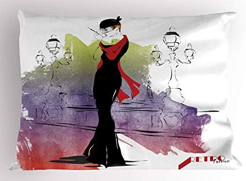Ambesonne гроздобер перница срам, жена со црвена шал на улица со шеесетти трендови во ретро стил акварел уметност, декоративна стандардна големина печатена перница, 26 x