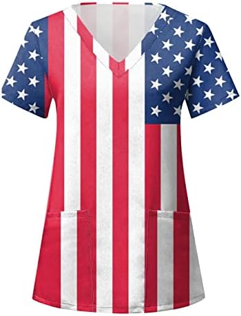 4-ти јули маичка за жени Американско знаме лето кратки ракави со маички со врат со 2 џебови смешна празнична работна облека