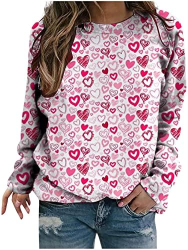Fantecy Love Heart Sweatshirt за жени среќни кошули за Денот на вineубените розови графички печатени екипи на екипаж на врвови на врвови