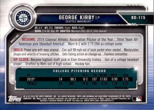 2019 Bowman Draft #BD-115 George Kirby RC Rackie Сиетл Маринерс МЛБ Бејзбол Трговска картичка