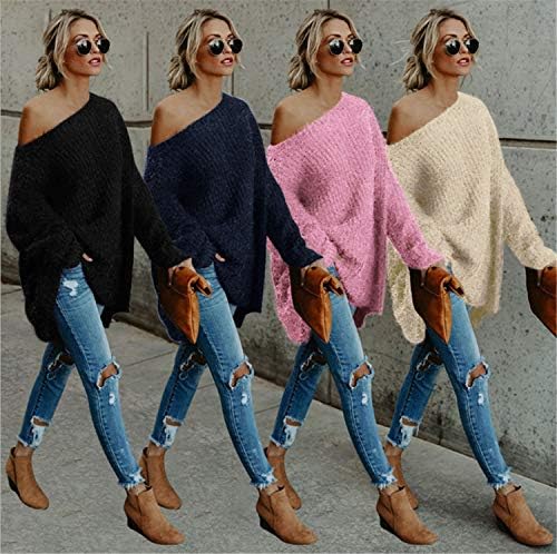 Andongnywell Women'sенски солидна боја со долг ракав плетен џемпер од рамената пулвер скокач врвови блузи