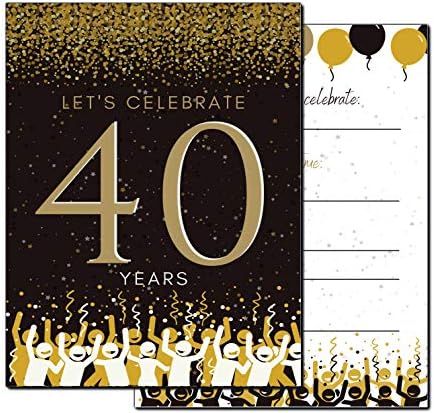 Елцер 40-Ти Роденден Покани / 40 години прослава | Среќна Годишнина | 5 х 7 | Црна &засилувач; Злато | Пополнете Стил 20 Брои Со Коверти