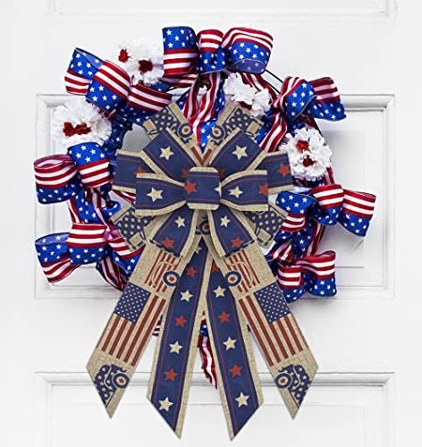 Големи патриотски лакови за венец, Бурлап на 4 -ти јули патриотски лак лак за патриотски декор сина starвезда Бурлап лак лак за влезна врата