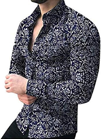Машки обични хаваи цветни печатени кошули лабава долга ракав копче лап-маица модна врвна блуза