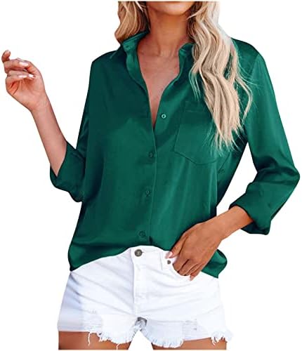 Вар зелени врвови за тинејџерска девојка есен летен долг ракав со висок врат сатен основни блузи манчиња женски копче 2023 облека трендовски zp xxl