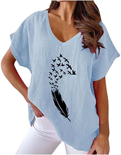 Женски памучни постелнини блузи лабави вклопуваат v вратот кратки ракави кошули модни графички печати врвови летни обични маици
