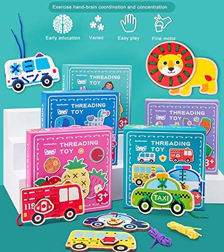 Ветување Срциња 5 Пакет Врвки Картички Дрвени Автомобили Блок Загатка Навој Играчки Монтесори Играчка Шиење Картички За Дете