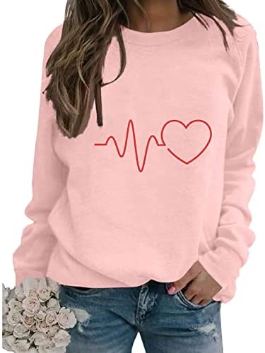 Кошули Со долги Ракави За Жени Слатки Срцеви Графички Пуловер На Вратот На Екипажот Секојдневен Дуксер За Излегување На Денот На Вљубените