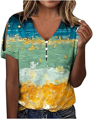 Облекани врвови за жени жени лето -случајно шупливо копче за кратки ракави V вратот печатено со кратки ракави маица Топ пакет