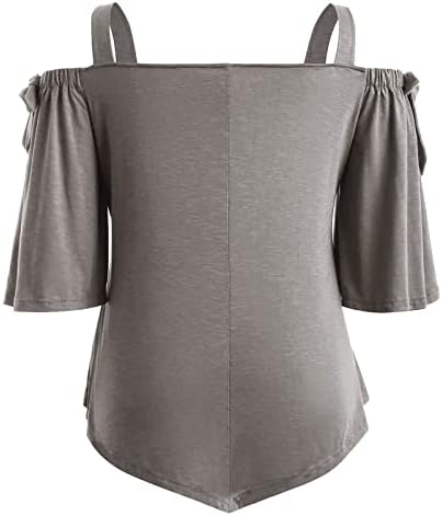 Womenените плус големина на врвови со големина ладно рамо со кратки ракави, палење на елегантна асиметрична блуза од полите, цврсти лабави кошули од туника