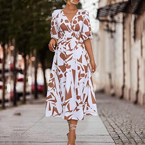 Wpoumv летен макси фустан за жени мода v вратот на ракав фустани геометриски бои блок фустан случајна лабава долг фустан
