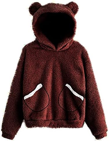 Симпатична џемпер со качулка за руно за жени мечка форма плус големина нејасни врвови со долг ракав, худи удобна мека забава топол