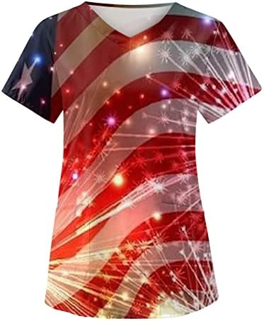 4 -ти јули блуза за жени со знаме на САД Лето кратка ракав против маица со вратот со 2 џебови смешна празнична работна облека