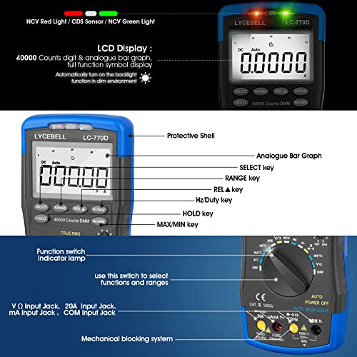 Дигитален мултиметар LC-770D TRMS 40000 брои, напонски тестер за напон за мерки AC/DC напон на струја на напон Фреквенција на капацитивност