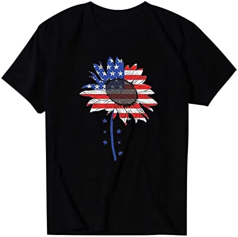 Американски знаме сончогледни маички за жени Starвездени ленти маички екипаж на кратки ракави маица на 4 јули патриотски врвови
