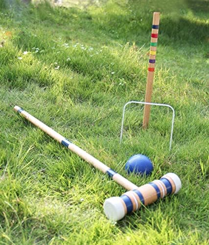 Ueуегоал шест играч крокет поставен со дрвени столбови обоени топки за тревник, двор и парк, 28 инчи