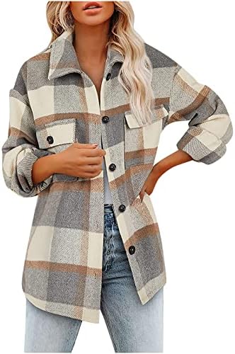 Womenените плус големина, палто за кошула со обична туника, пријатна дневна волна мешавина карирана палто за блузи мода тартан шекет