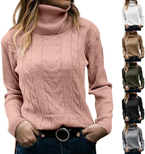 Џемпери за жени 2022 година, женски обичен Turtleneck Long Lantern ракав преголем ребрестиот плетен пулвер џемпер скокач topb56