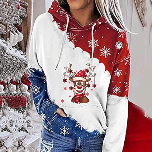 Среќни Божиќни женски пуловер дуксери врвови на лежерна мода Божиќ црвено стакло печатено качулка блуза со џеб