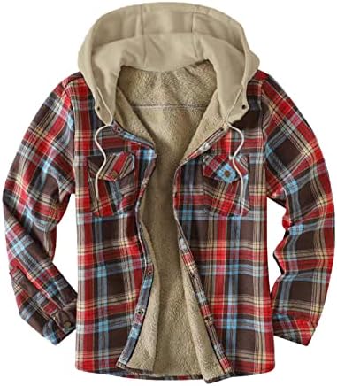 Xxbr карирани јакни кошули за мажи, проверете го палтото со качулка од Шерпа, зимско топло копче надолу за обична кошула надворешна облека за надворешна кошула