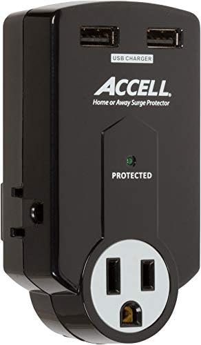 Accell Power Travel Surge Protector - 3 продажни места, 2 USB порти за полнење, приклучок за преклопување - црна, 612 ouулес, наведена