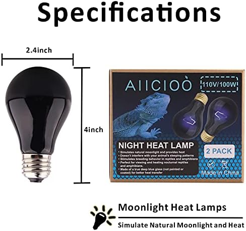 Ламба за топлинска ламба на рептил AIICIOO - 100 вати влекачи ноќни топлински сијалички Терариум Месечината сијалички за рептили за брада