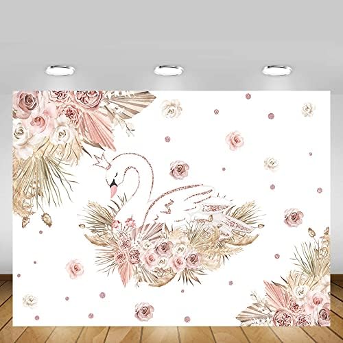 Mehofond Boho Swan Backdrop Rose Gold Pampas Grass Trass Baby Baby Toush Party Photographine розови цвеќиња торта табели украси благодарам фото штанд реквизити 7x5ft