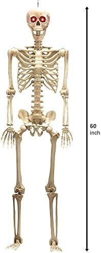 Jоин 5 метри скелет за животна големина на Ноќта на вештерки со црвени светлосни очи, човечки коски на целото тело со позитивен зглоб за украси