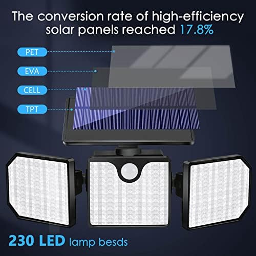 UCGG соларни wallидни светла на отворено, сензор за движење 230 LED LED 2400LM светла за поплавување 3 прилагодливи глави 270 ° широко