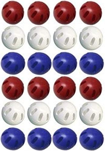 Wiffle® топката на најголемиот дел од 24 топки вклучува сет од 8 сини, сет од 8 црвени и сет од 8 бели топки. Официјална игра на отворено