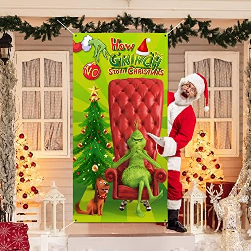 Божиќни Украси За Покривање На Вратите, Гринч Божиќни Украси Капакот На Вратата Од Гринч Зелена Позадина Смешни Божиќни Висечки Транспаренти Среќен