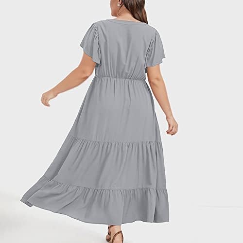 HCJKDU плус фустан со големина за жени против вратот на вратот кратки ракави макси фустани издвоени руфли замавливи летни фустани со џеб