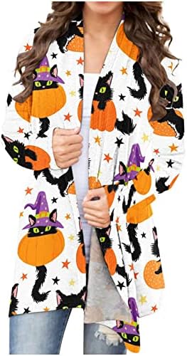 Women'sенски Ноќта на вештерките кардиган, мачка од тиква печати долги ракави отворени предни кардигани кои се наоѓаат во лесен тенок палто на лесни лесни