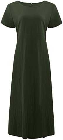Womenените летна мода, женска летна обична цврста боја со кратка боја на вратот О-вратот за зашивање лабава џебна памучна постелнина фустан