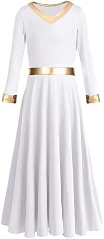 Девојки за девојки од елидор, париз танц фустан со долг ракав лабав вклопат литургиско обожавање костум металик злато црква облечена