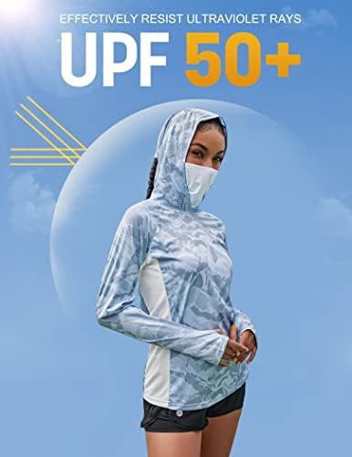 Women'sенски UPF 50+ Шума за заштита од сонце со маска со маска за ладење Брзо суво камо камо со долг ракав риболов кошула