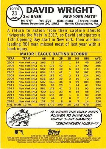 2017 Топс Херитиџ #23 Дејвид Рајт Newујорк Метс Бејзбол картичка