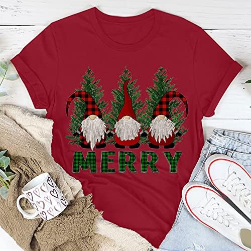 Женски Божиќни кошули, тинејџерски девојки Смешна Божиќна графичка блуза со кратки ракави маица леопард карирана Божиќно дрво од дрво врвови