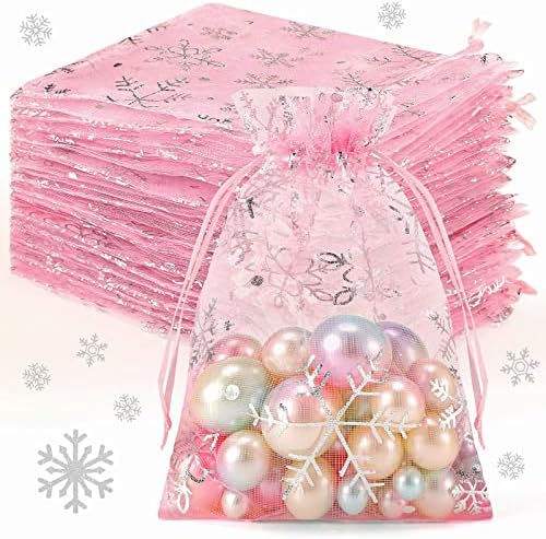 Rootest 100 парчиња розова Божиќна снегулка органза торби за подароци 4 x 6 инчи мали мрежни накит торбички мини влечење бонбони торби добро торба