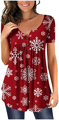 Christmasените Божиќна снегулка печати маица Краток ракав V-врат Туника Торн Скриј стомак лабава проточна блуза Обична кошула